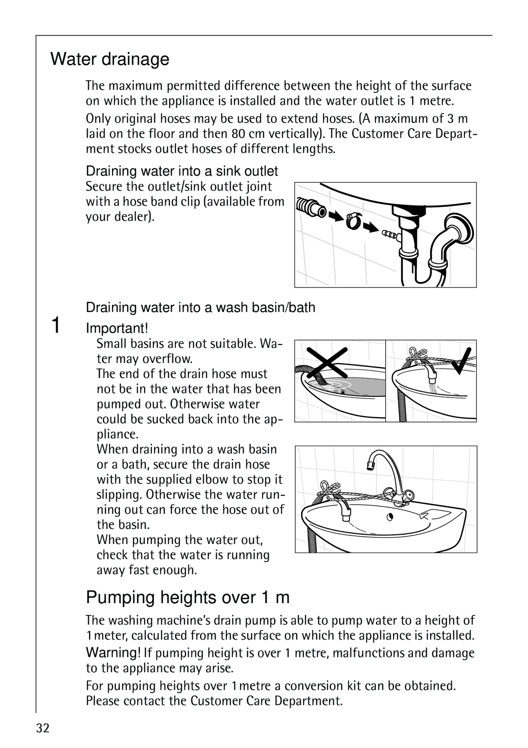 Electrolux LAVAMAT 62800 manual Water drainage, Pumping heights over 1 m, Draining water into a wash basin/bath 