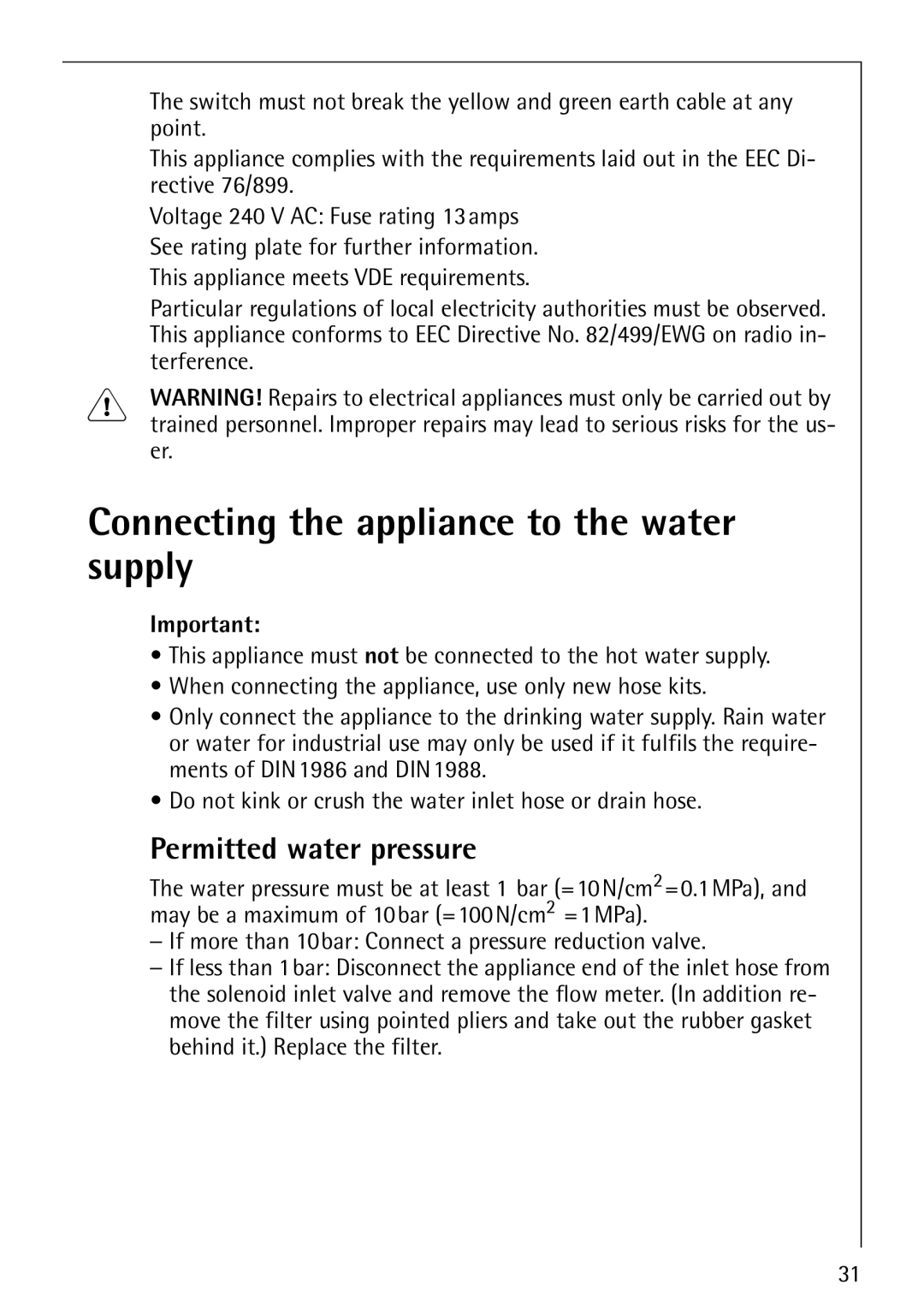 Electrolux LAVAMAT 62810 manual Connecting the appliance to the water supply, Permitted water pressure 