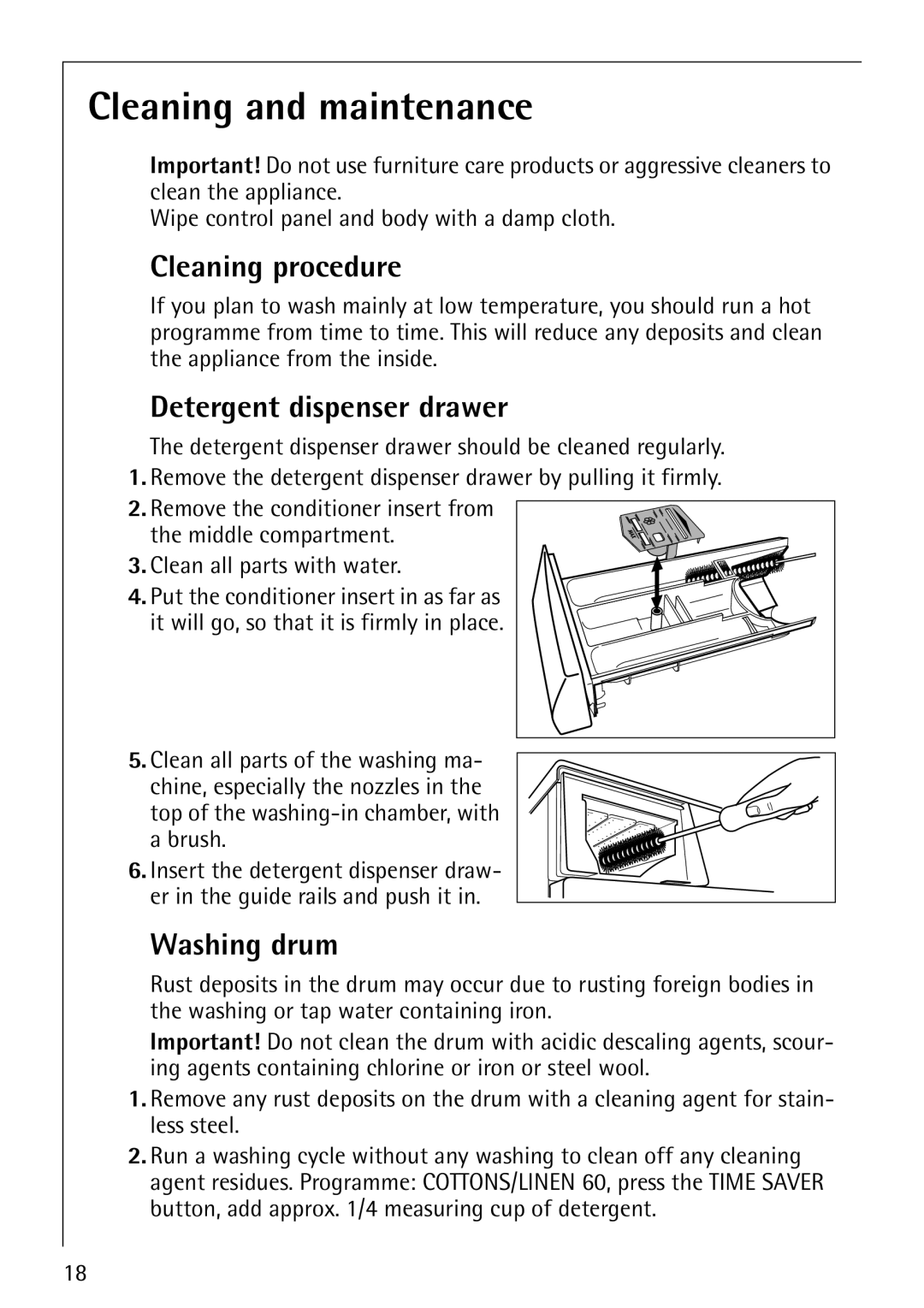 Electrolux LAVAMAT 64810 manual Cleaning and maintenance, Cleaning procedure, Detergent dispenser drawer, Washing drum 