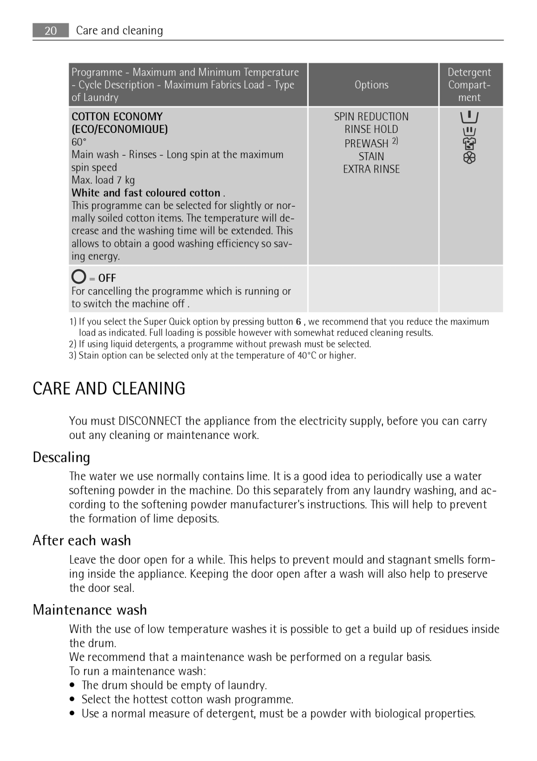 Electrolux LAVAMAT 74650 A3 user manual Care and Cleaning, Descaling, After each wash, Maintenance wash, Care and cleaning 