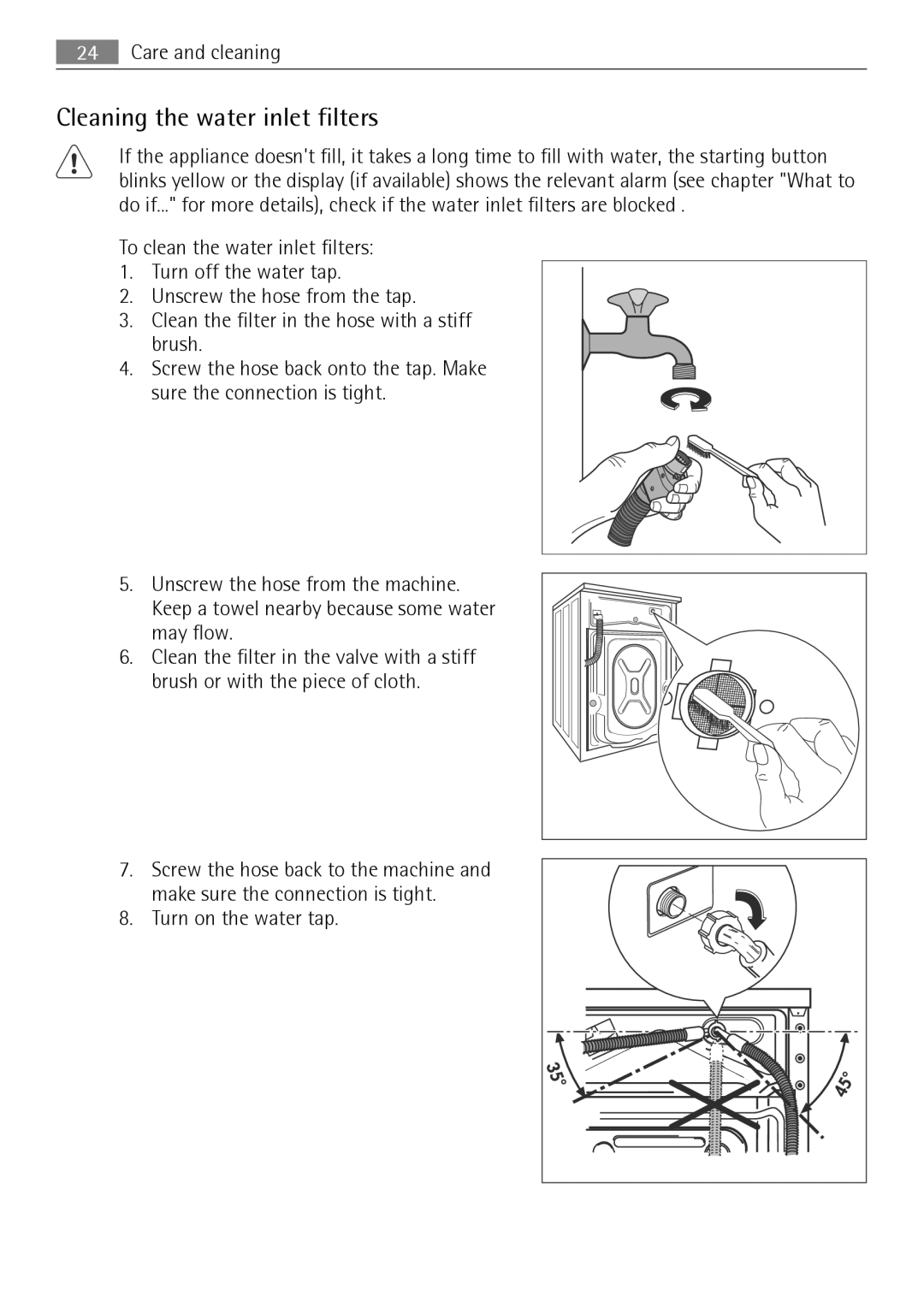 Electrolux LAVAMAT 74650 A3 user manual Cleaning the water inlet filters, Turn on the water tap 