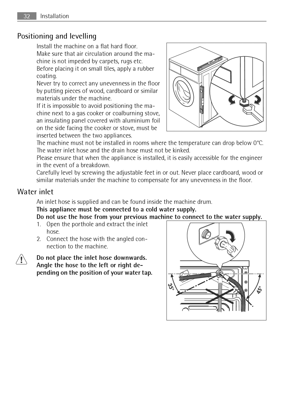 Electrolux LAVAMAT 74650 A3 user manual Positioning and levelling, Water inlet 