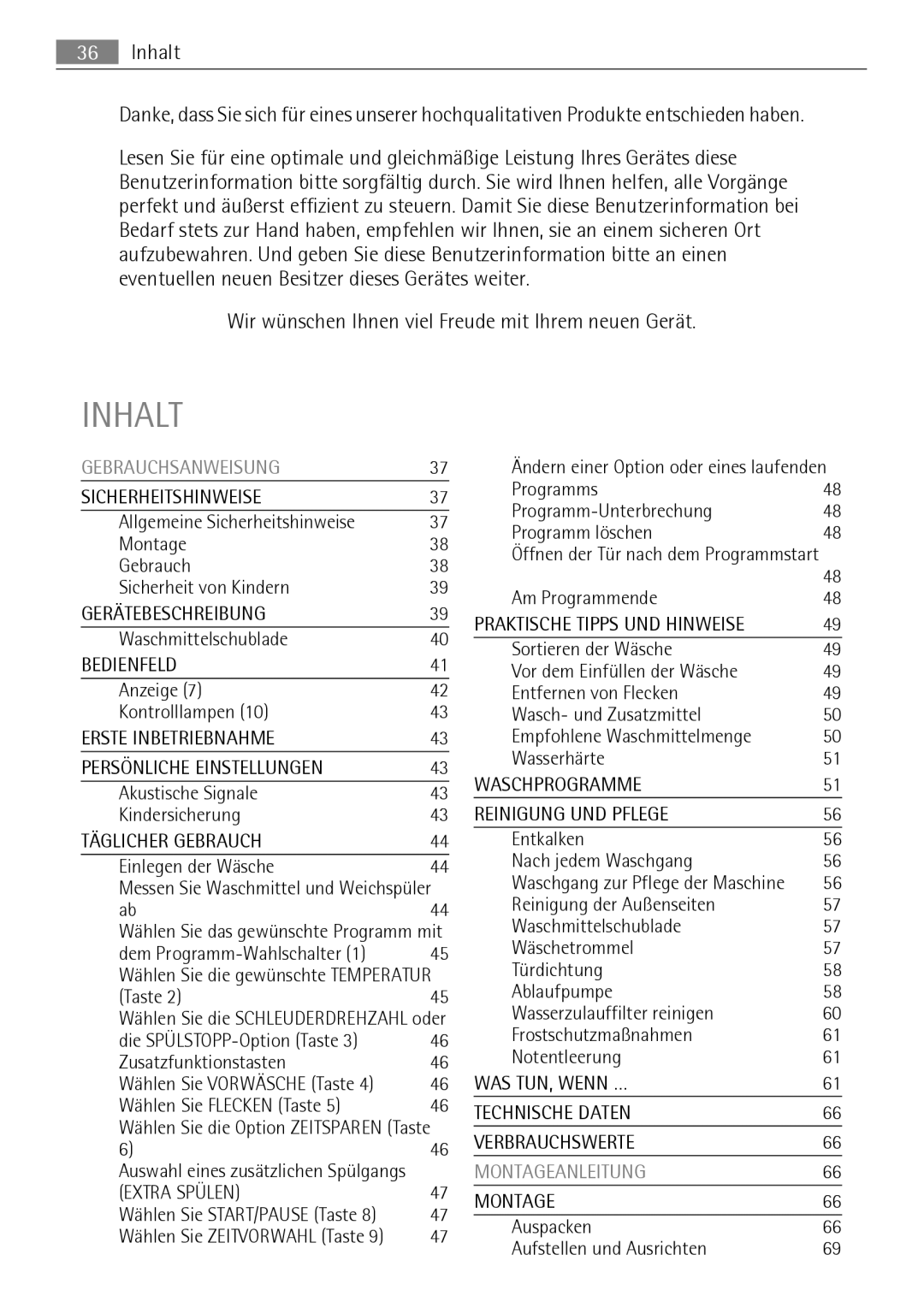 Electrolux LAVAMAT 74650 A3 user manual Inhalt, Wir wünschen Ihnen viel Freude mit Ihrem neuen Gerät 