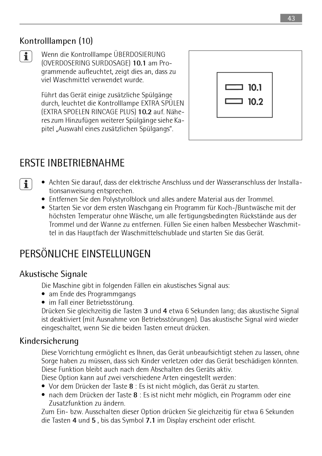 Electrolux LAVAMAT 74650 A3 user manual Erste Inbetriebnahme, Persönliche Einstellungen, Kontrolllampen, Akustische Signale 