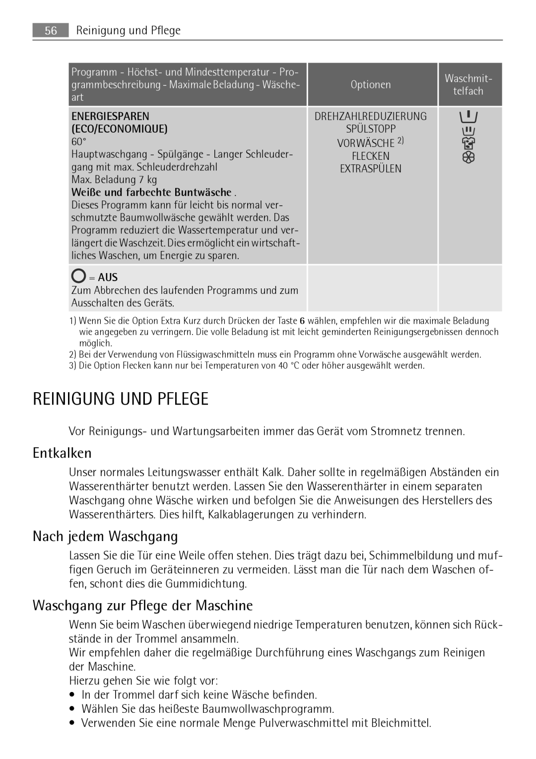 Electrolux LAVAMAT 74650 A3 Reinigung UND Pflege, Entkalken, Nach jedem Waschgang, Waschgang zur Pflege der Maschine 