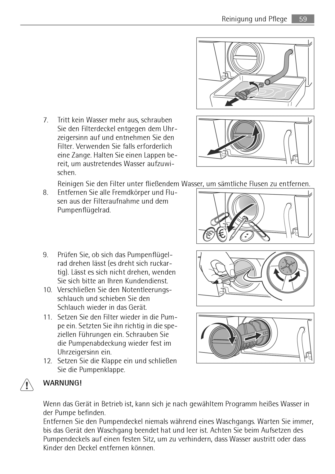 Electrolux LAVAMAT 74650 A3 user manual Setzen Sie die Klappe ein und schließen Sie die Pumpenklappe 