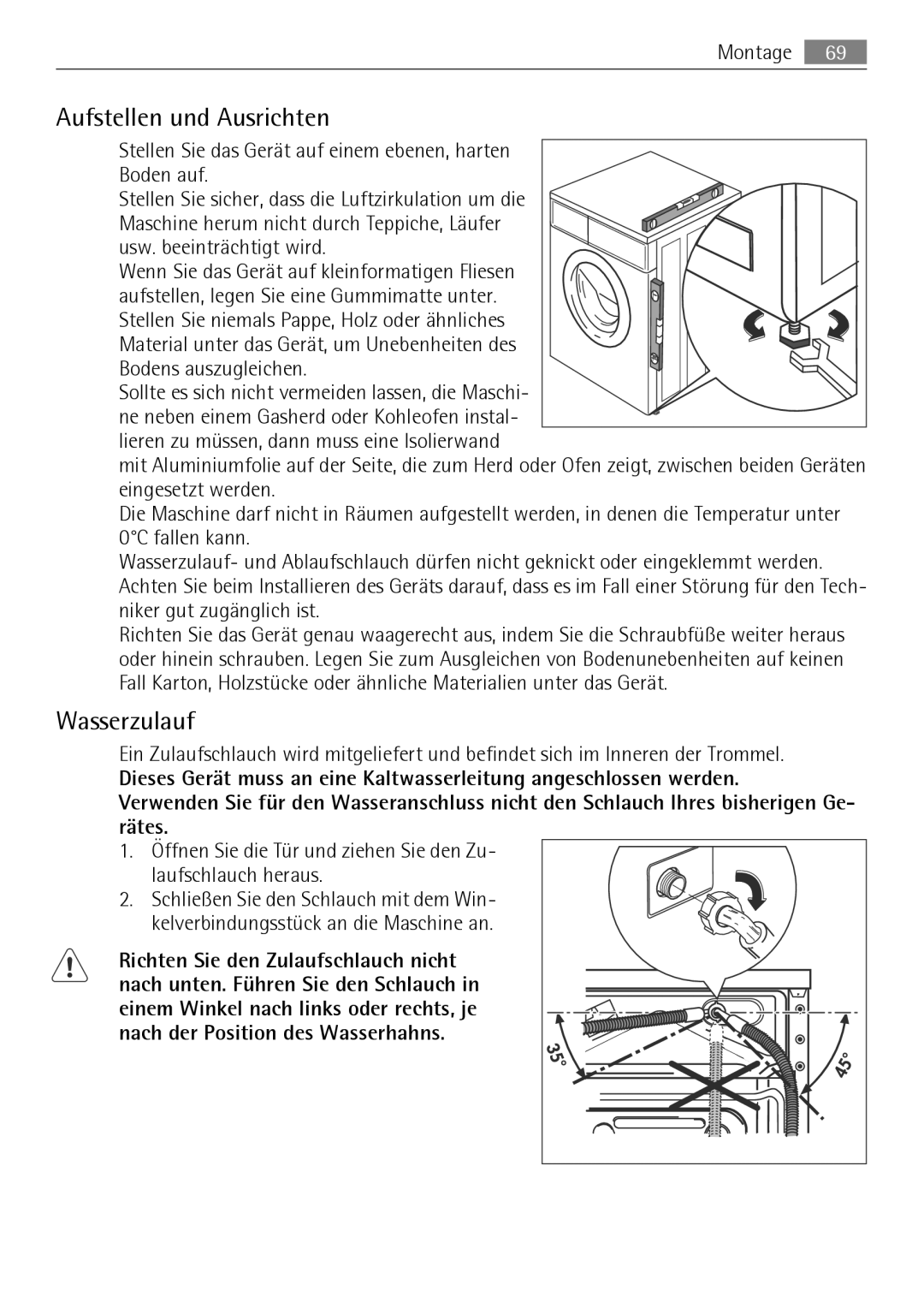 Electrolux LAVAMAT 74650 A3 user manual Aufstellen und Ausrichten, Wasserzulauf, Montage, Usw. beeinträchtigt wird 