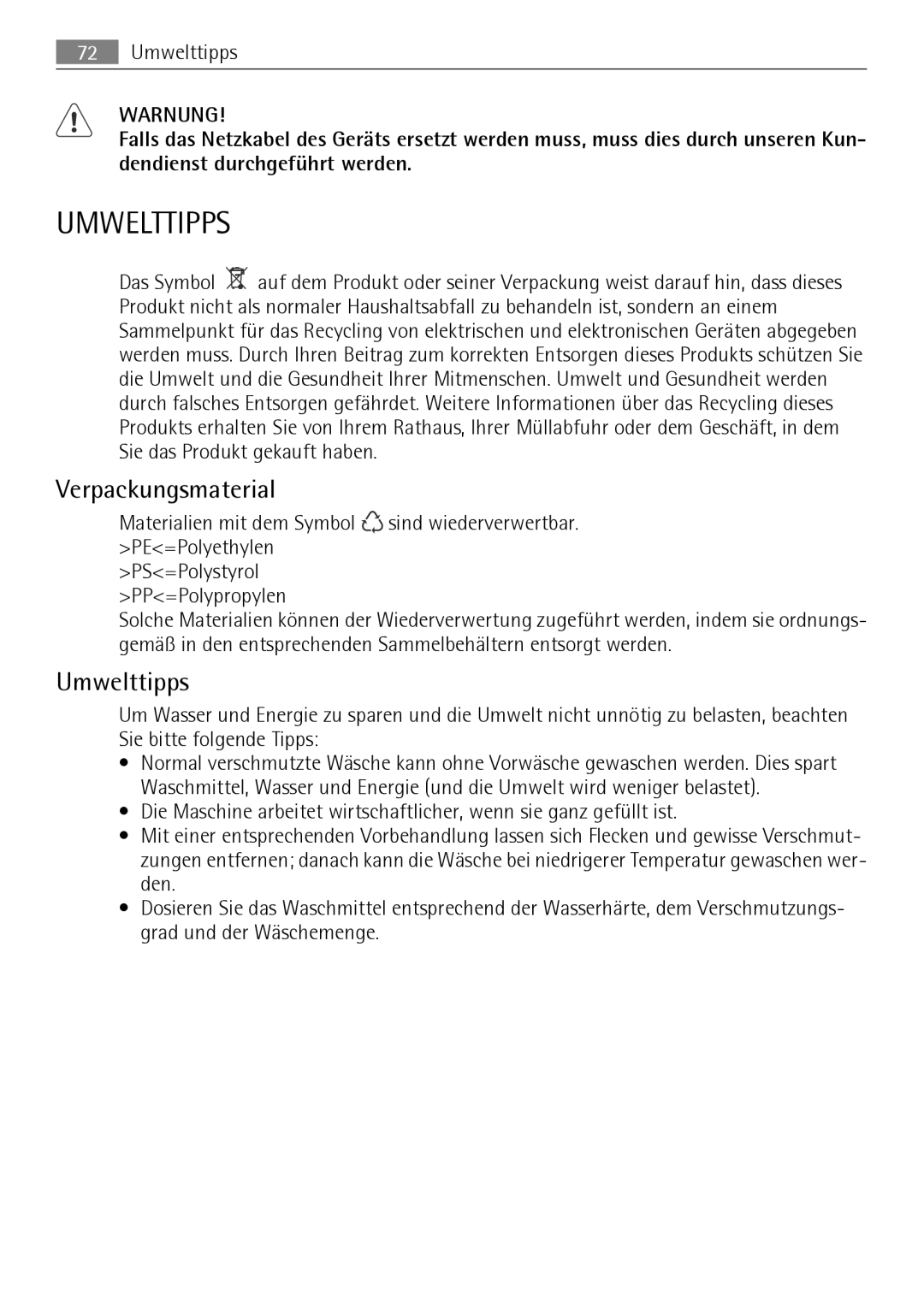 Electrolux LAVAMAT 74650 A3 user manual Umwelttipps, Verpackungsmaterial 