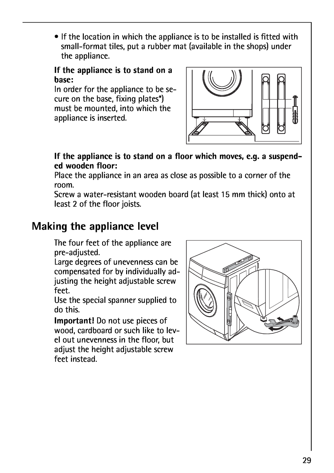 Electrolux LAVAMAT 74700 manual Making the appliance level, If the appliance is to stand on a base 