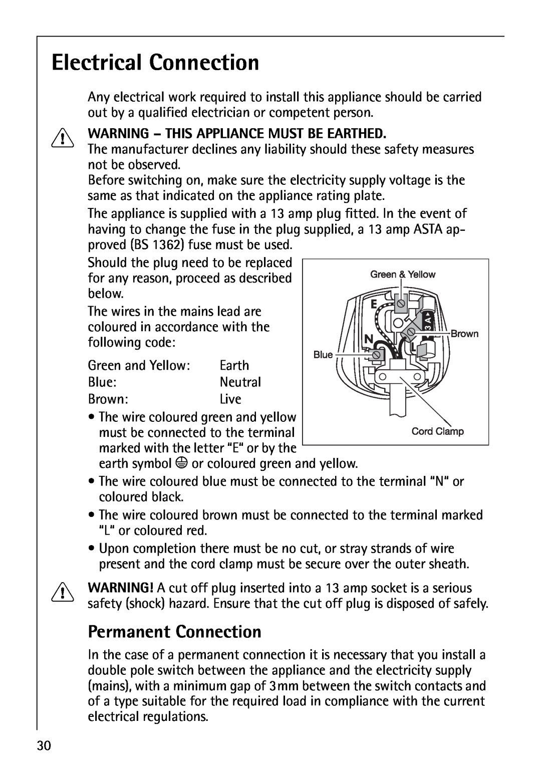 Electrolux LAVAMAT 74700 manual Electrical Connection, Permanent Connection, Warning - This Appliance Must Be Earthed 