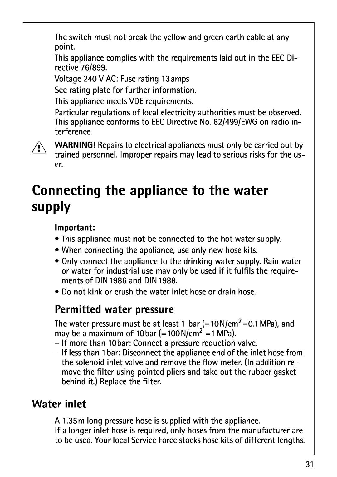 Electrolux LAVAMAT 74700 manual Connecting the appliance to the water supply, Permitted water pressure, Water inlet 
