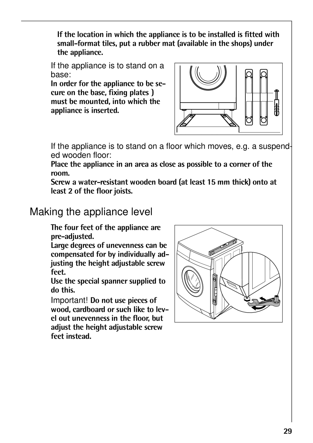 Electrolux LAVAMAT 74810 manual Making the appliance level, If the appliance is to stand on a base 