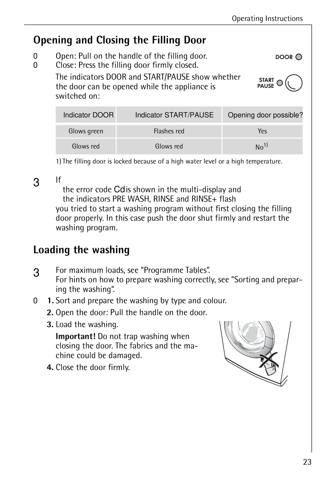 Electrolux LAVAMAT 84745 manual Opening and Closing the Filling Door, Loading the washing, Close the door firmly 