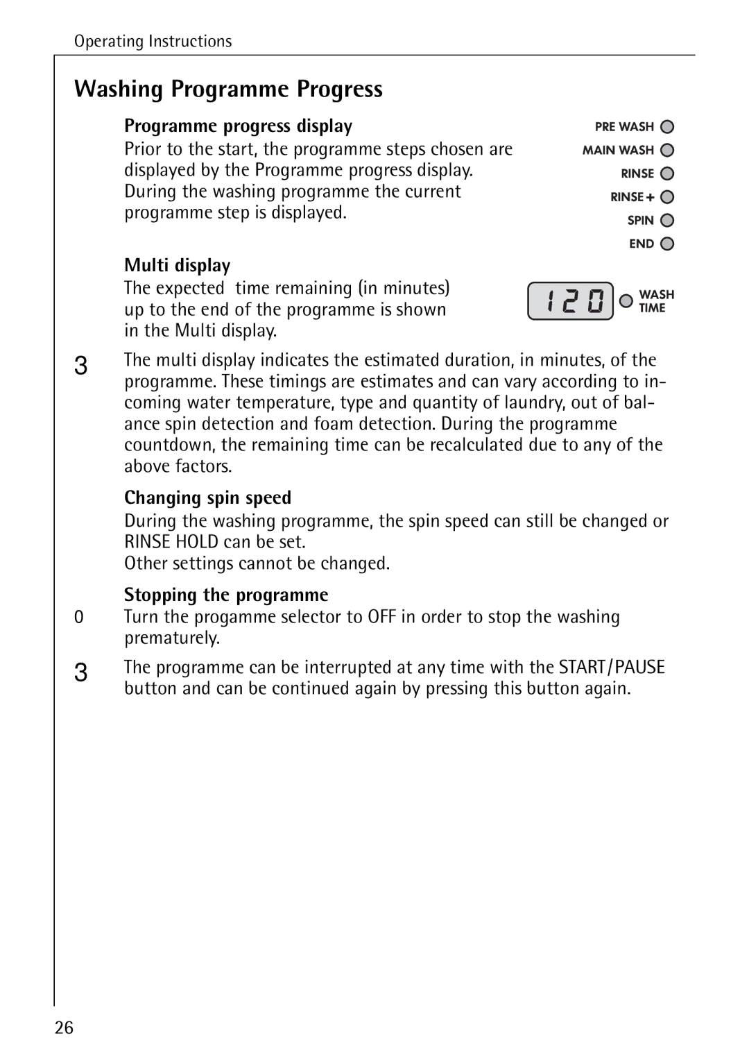 Electrolux LAVAMAT 84745 manual Washing Programme Progress, Programme progress display, Multi display, Changing spin speed 