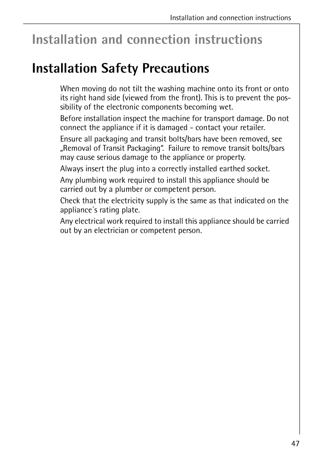 Electrolux LAVAMAT 84745 manual Installation and connection instructions, Installation Safety Precautions 