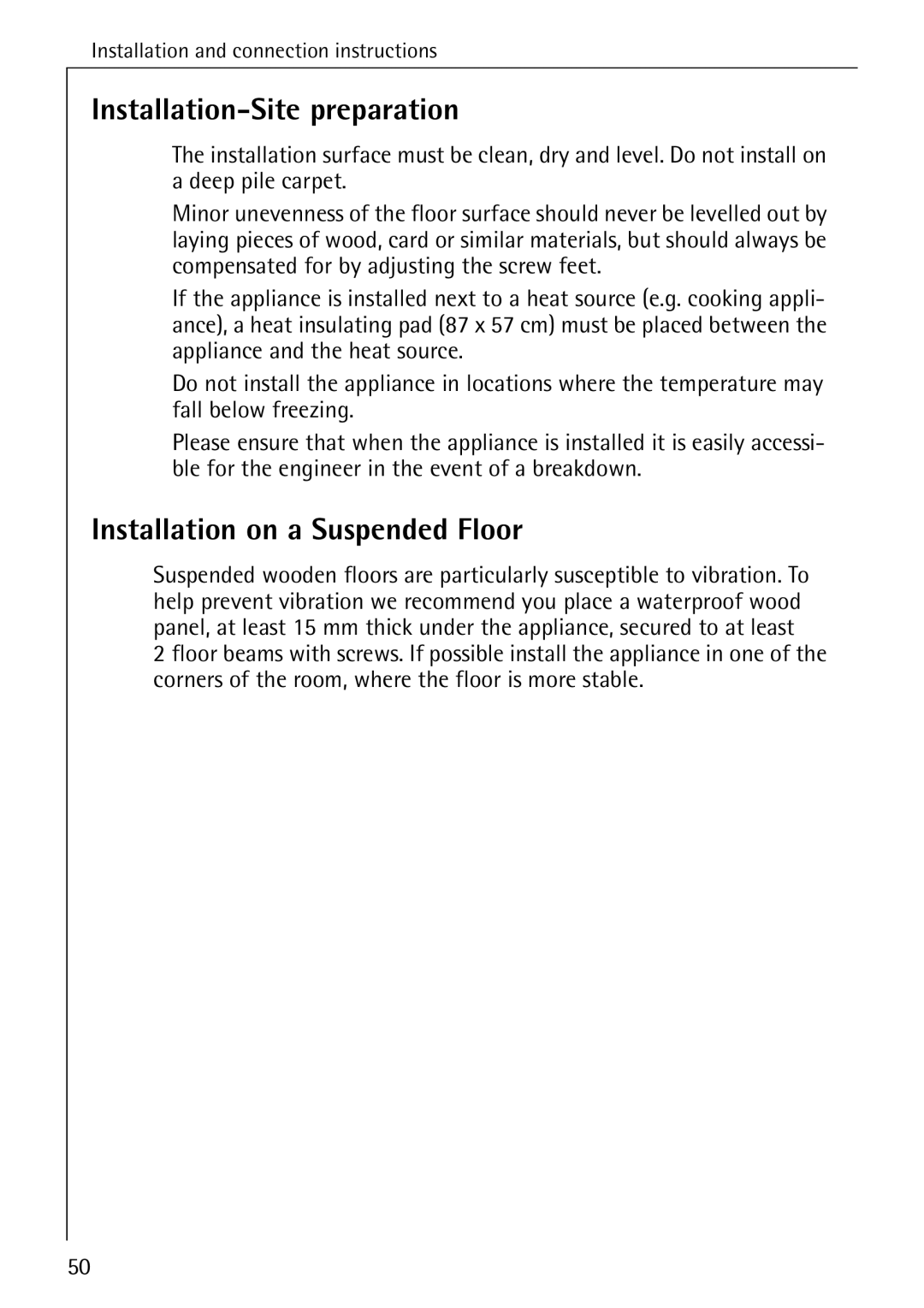 Electrolux LAVAMAT 84745 manual Installation-Site preparation, Installation on a Suspended Floor 