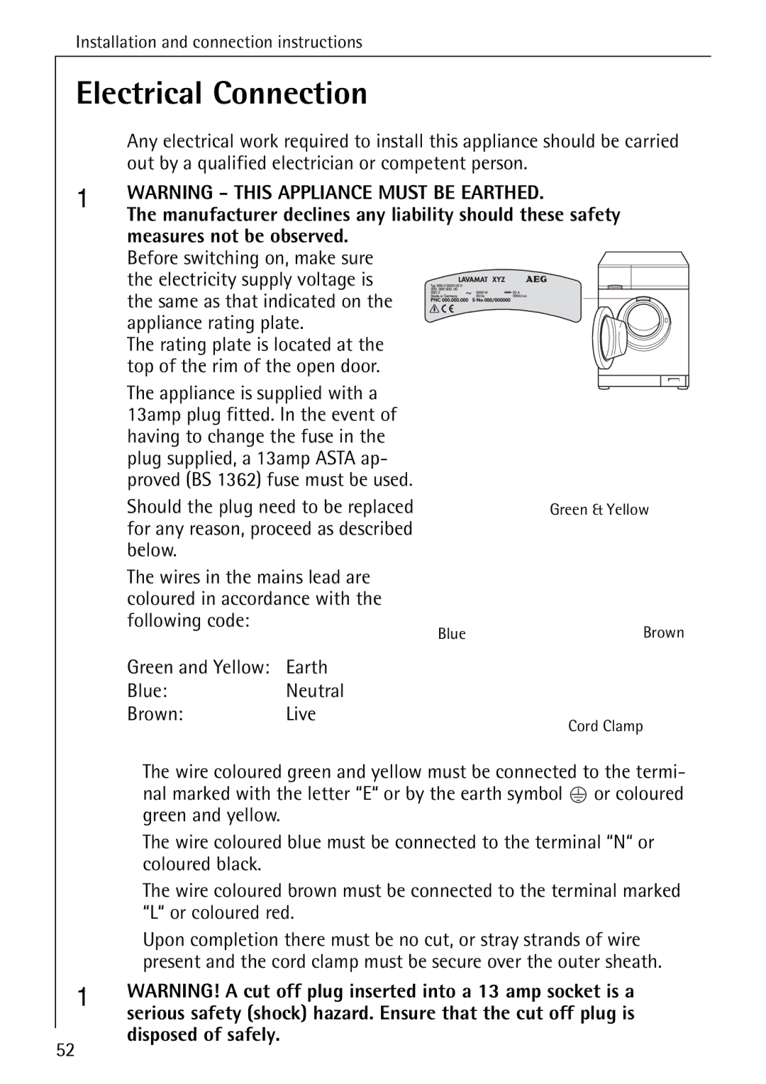 Electrolux LAVAMAT 84745 manual Electrical Connection, Measures not be observed, Earth Blue Neutral Brown Live 
