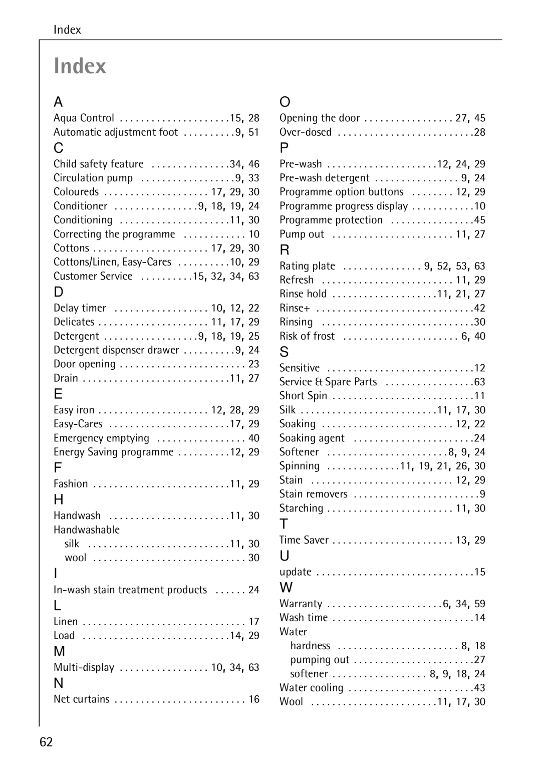 Electrolux LAVAMAT 84745 manual Index 