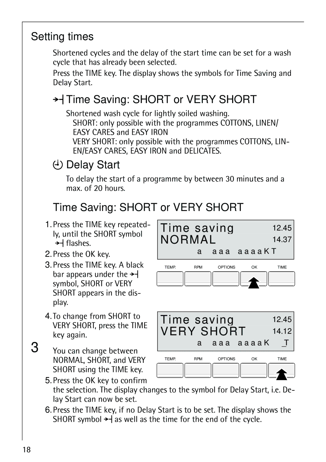Electrolux LAVAMAT 86810 manual Time saving, Setting times, Time Saving Short or Very Short, Delay Start 