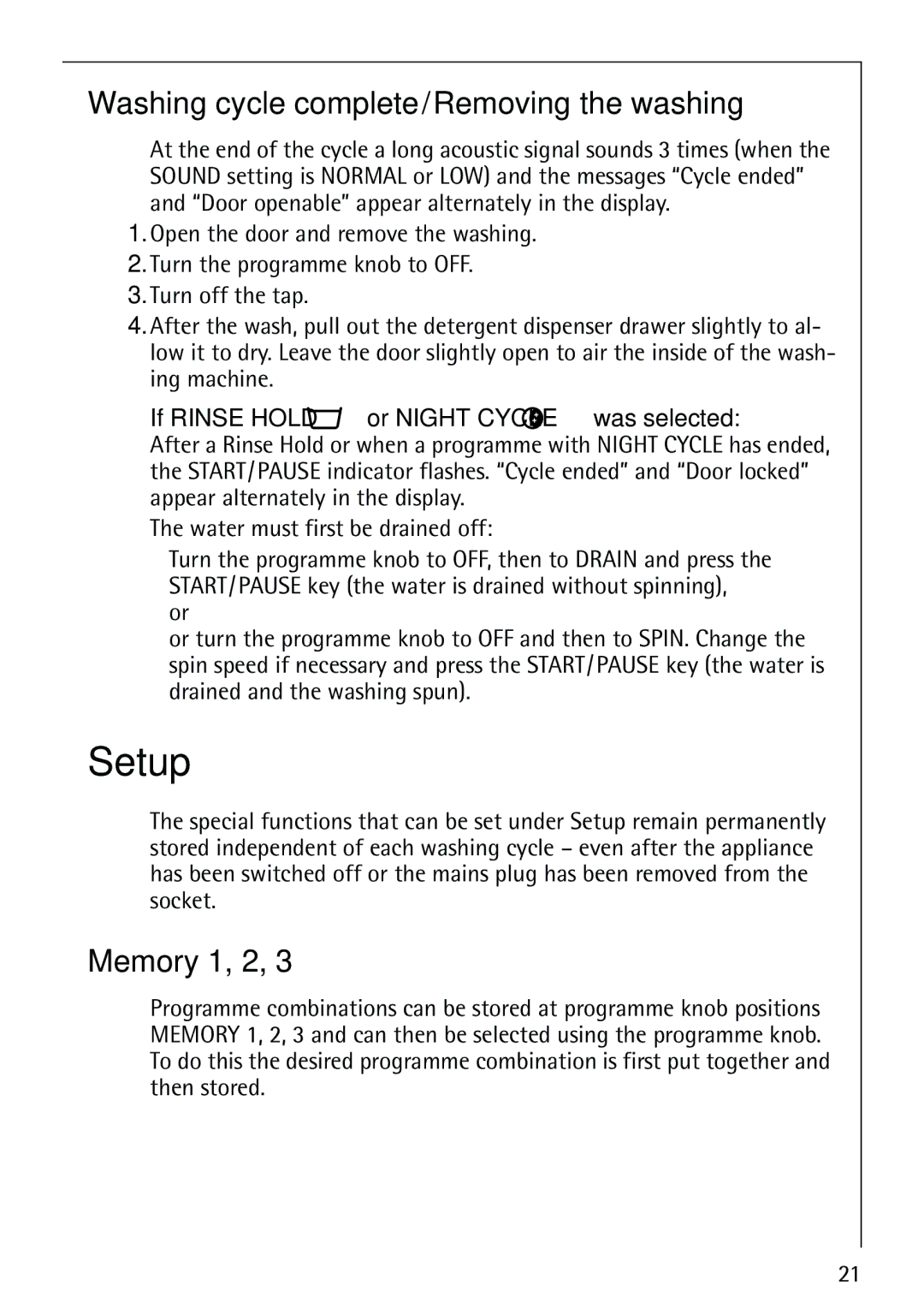 Electrolux LAVAMAT 86810 manual Setup, Washing cycle complete/Removing the washing, Memory 1, 2 