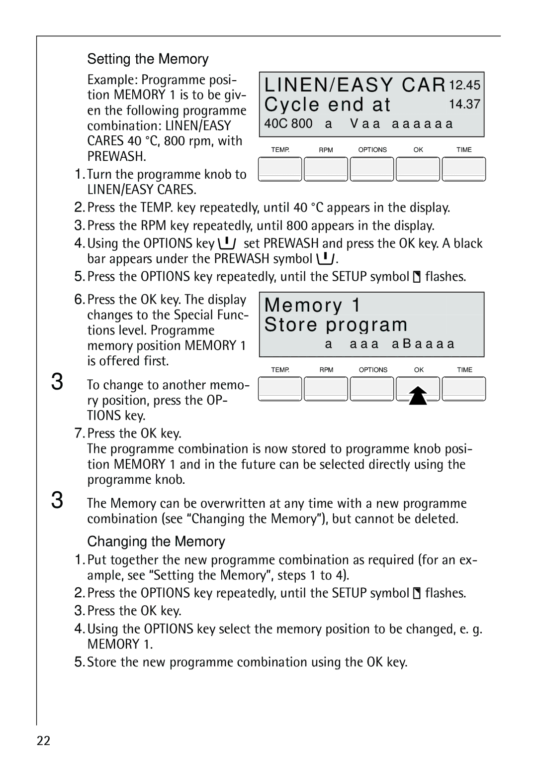 Electrolux LAVAMAT 86810 manual Memory Store program, Setting the Memory, Changing the Memory 