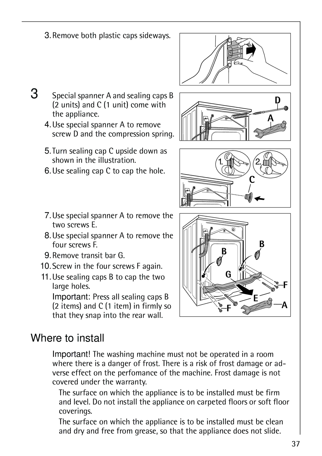 Electrolux LAVAMAT 86810 manual Where to install, Remove both plastic caps sideways, Appliance 