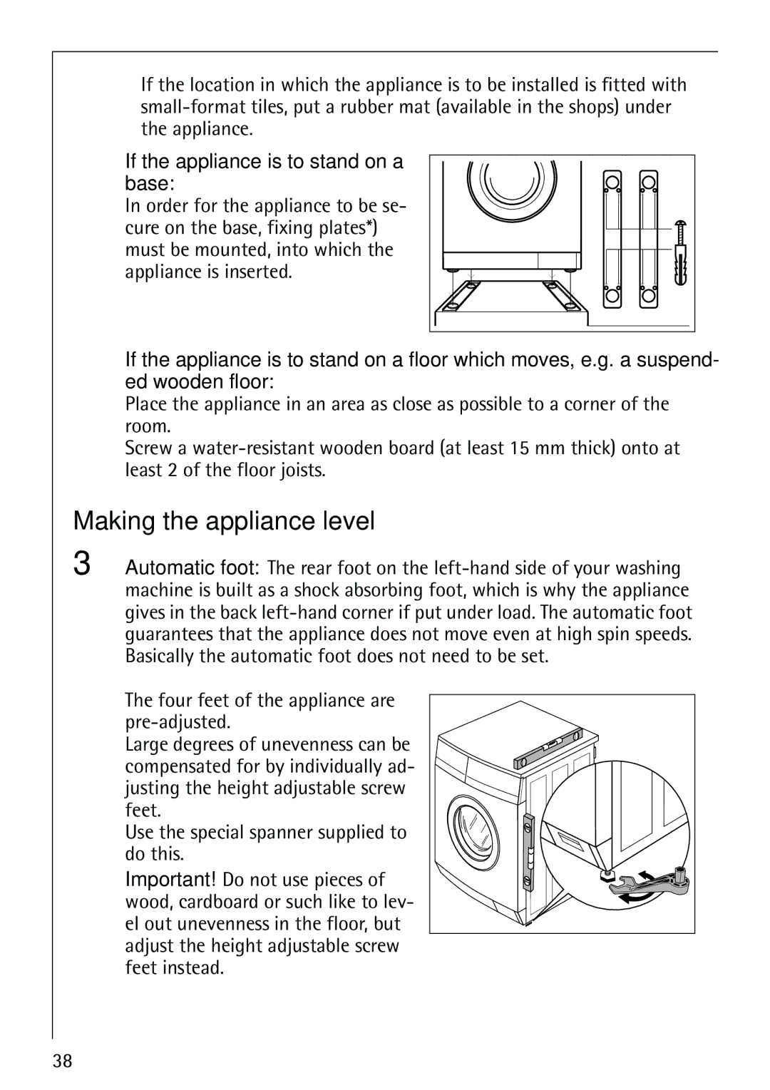 Electrolux LAVAMAT 86810 manual Making the appliance level, If the appliance is to stand on a base 