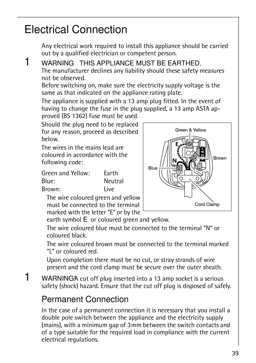 Electrolux LAVAMAT 86810 manual Electrical Connection, Permanent Connection, Brown Live Wire coloured green and yellow 