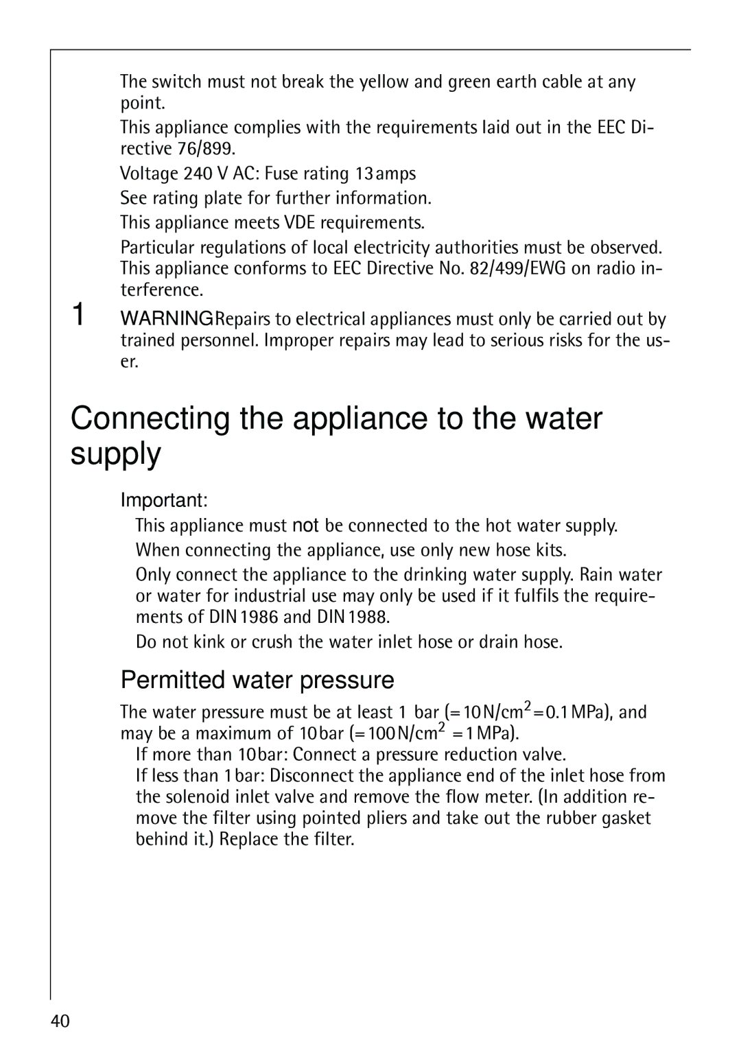 Electrolux LAVAMAT 86810 manual Connecting the appliance to the water supply, Permitted water pressure 