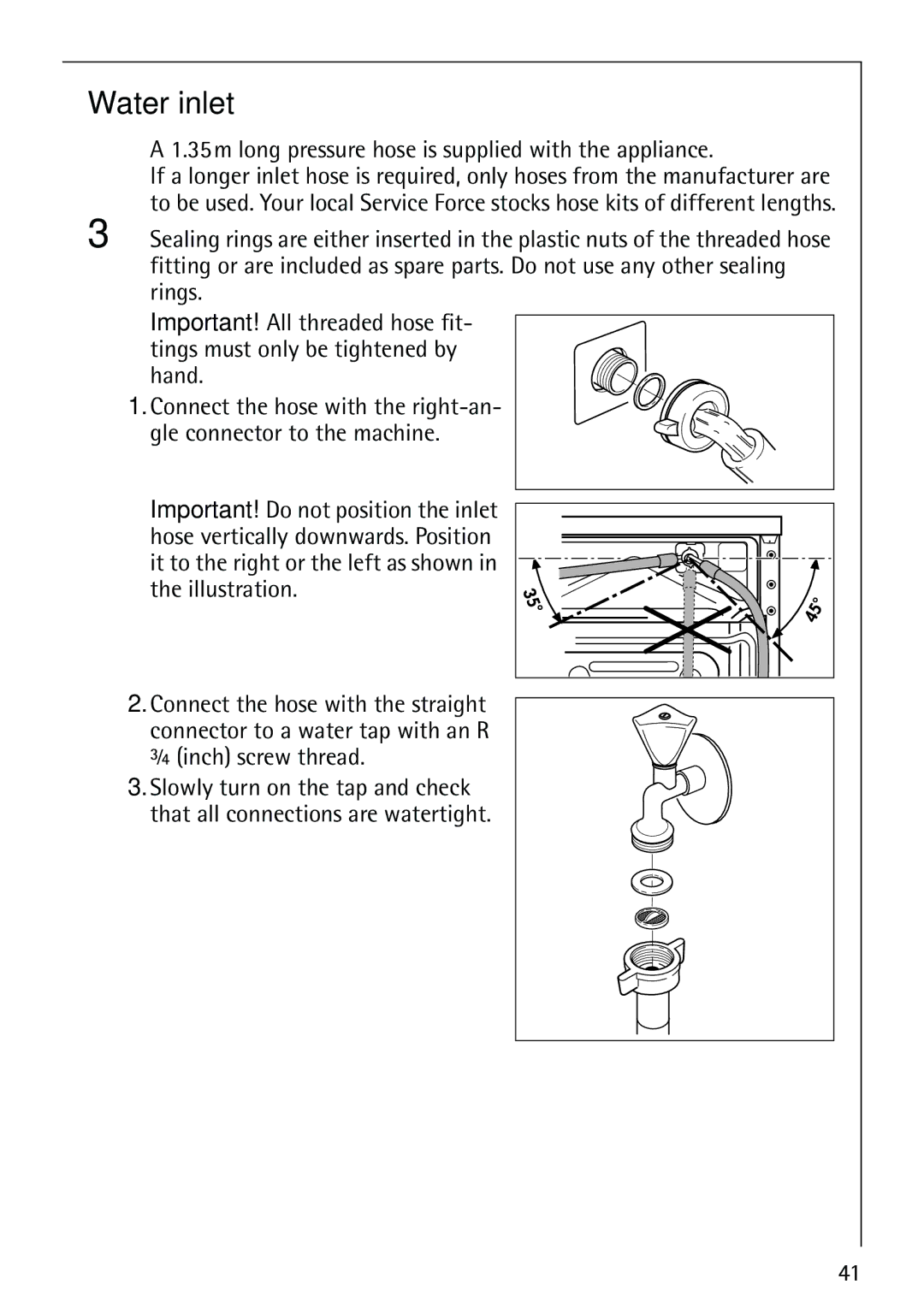 Electrolux LAVAMAT 86810 manual Water inlet, 35m long pressure hose is supplied with the appliance 