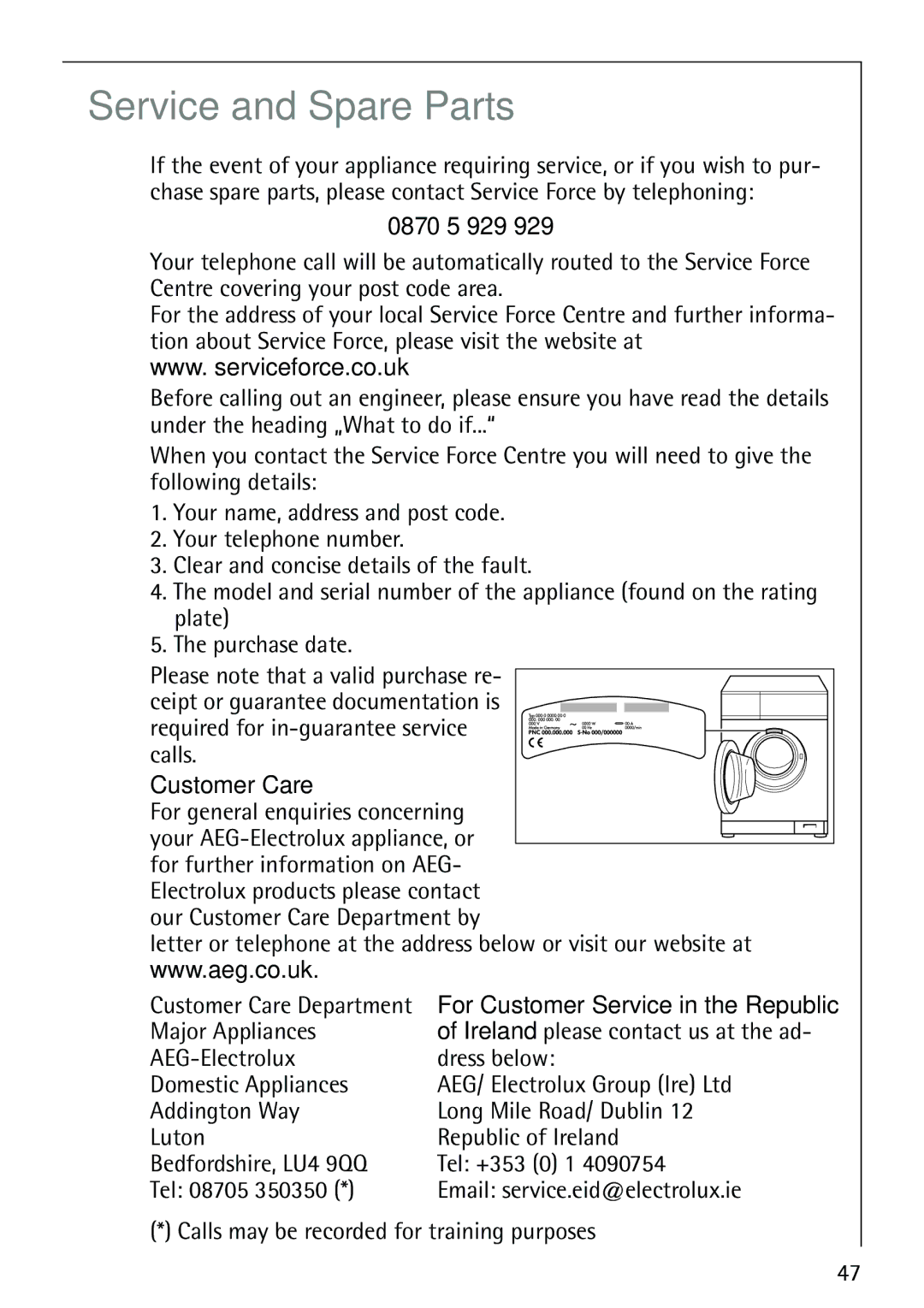 Electrolux LAVAMAT 86810 manual 0870 5 929, Customer Care, For general enquiries concerning, Major Appliances 