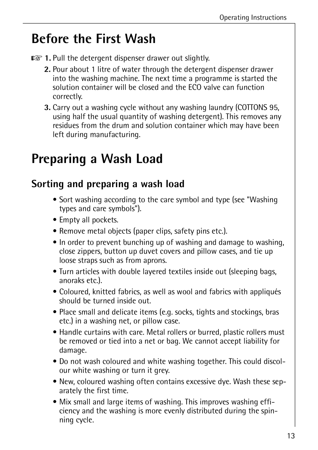 Electrolux LAVAMAT W 1050 manual Before the First Wash, Preparing a Wash Load, Sorting and preparing a wash load 