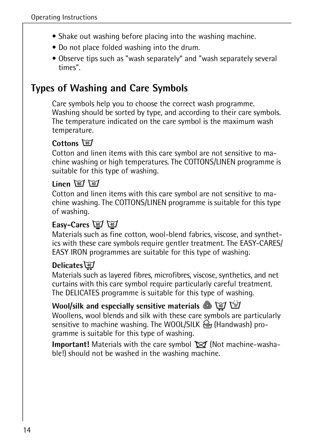 Electrolux LAVAMAT W 1050 manual Types of Washing and Care Symbols 