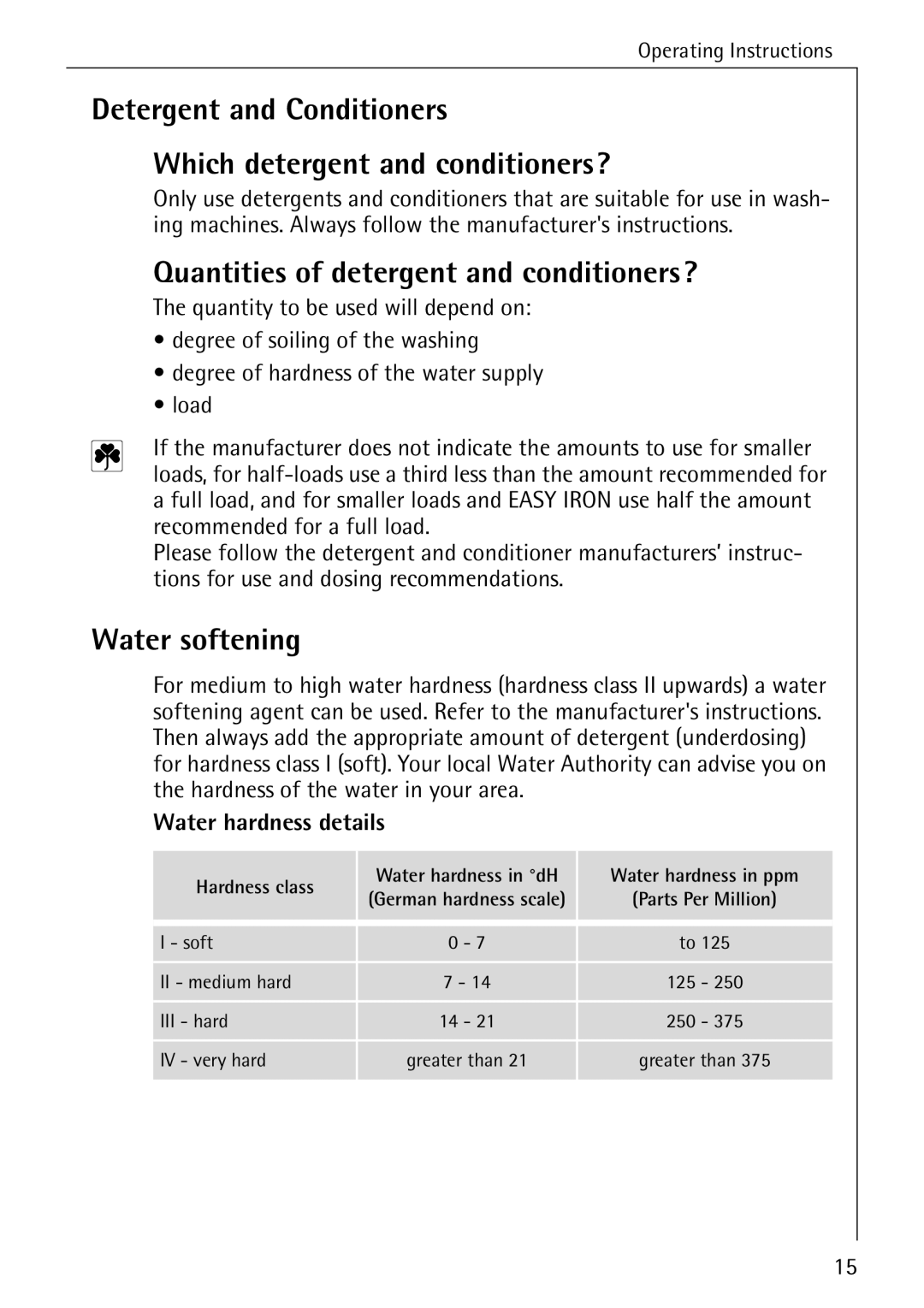 Electrolux LAVAMAT W 1050 manual Quantities of detergent and conditioners?, Water softening, Water hardness details 