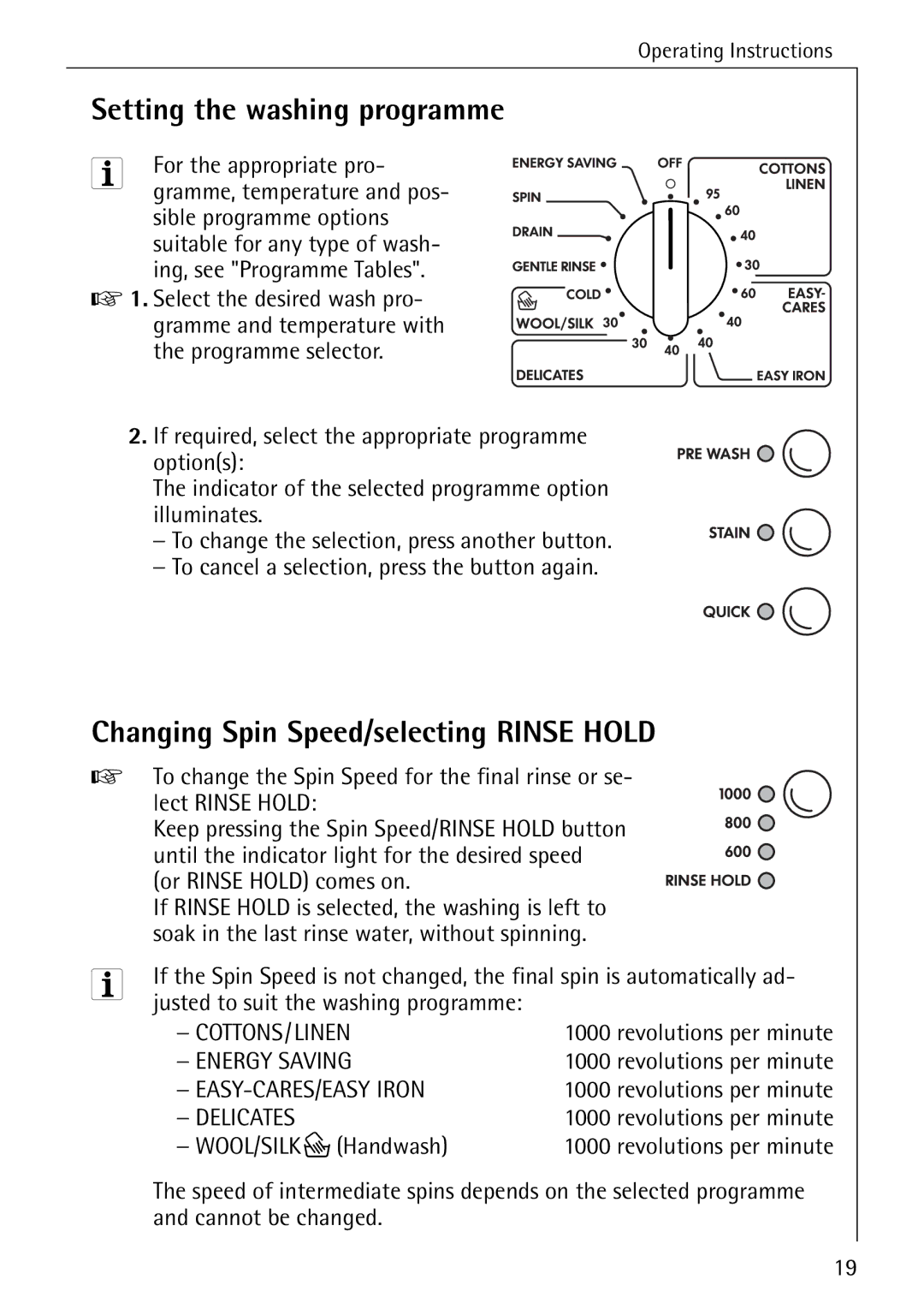 Electrolux LAVAMAT W 1050 Setting the washing programme, Changing Spin Speed/selecting Rinse Hold, For the appropriate pro 