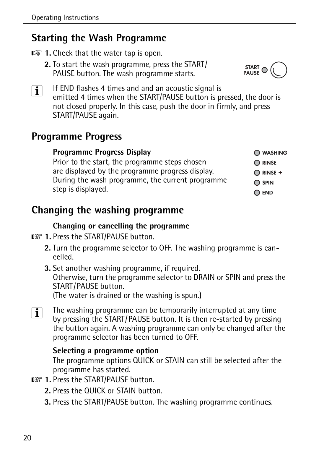 Electrolux LAVAMAT W 1050 manual Starting the Wash Programme, Programme Progress, Changing the washing programme 