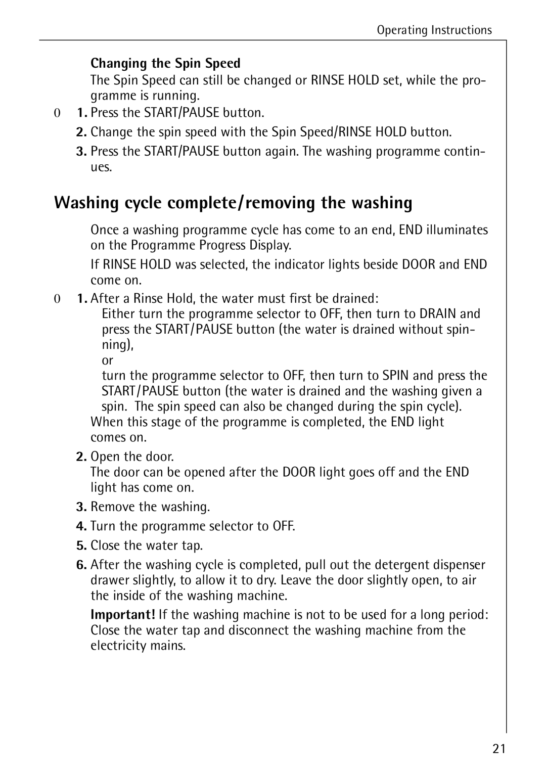 Electrolux LAVAMAT W 1050 manual Washing cycle complete/removing the washing, Changing the Spin Speed 