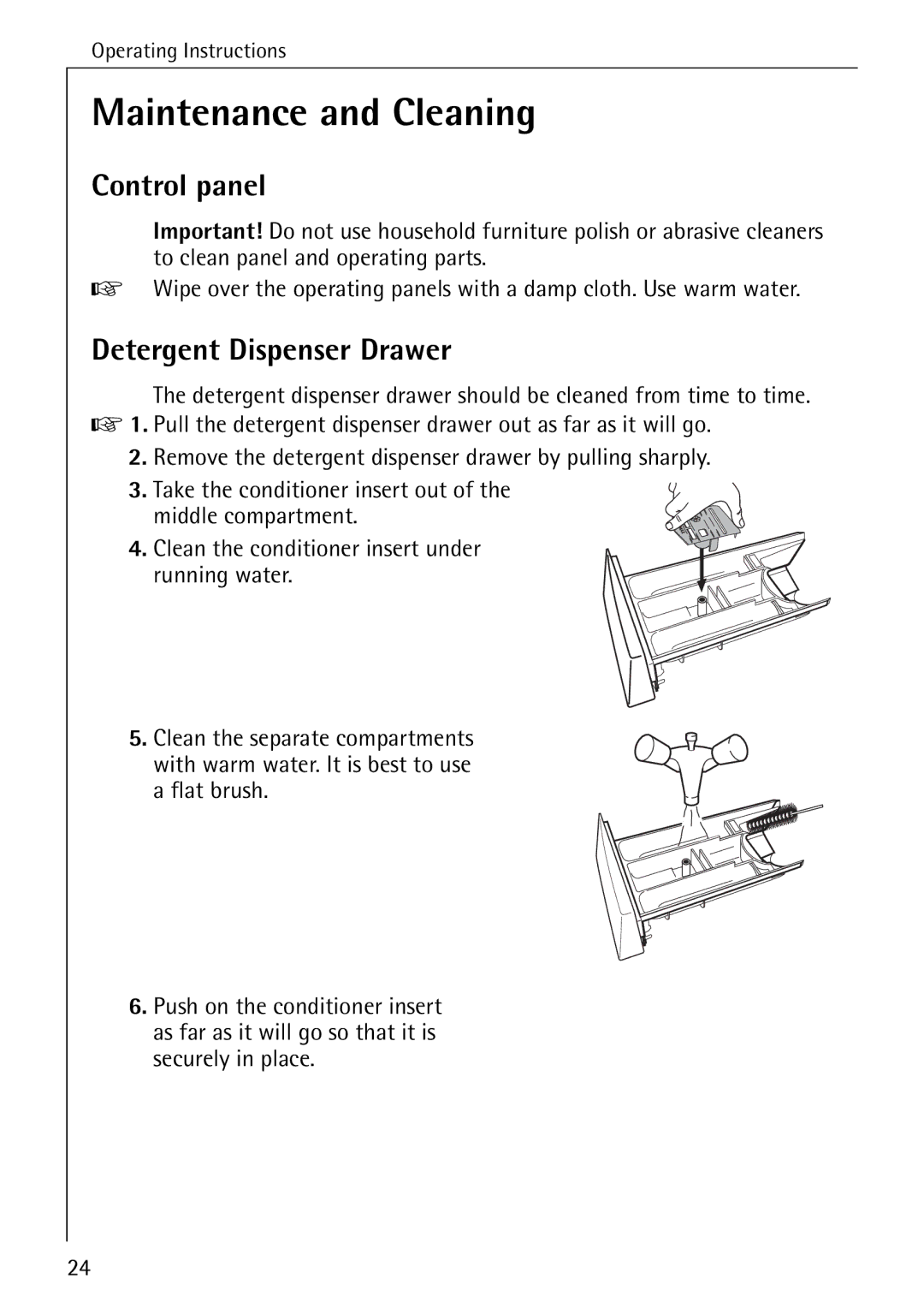 Electrolux LAVAMAT W 1050 manual Maintenance and Cleaning, Detergent Dispenser Drawer 