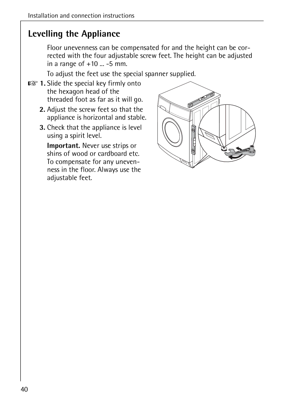 Electrolux LAVAMAT W 1050 manual Levelling the Appliance, Check that the appliance is level using a spirit level 