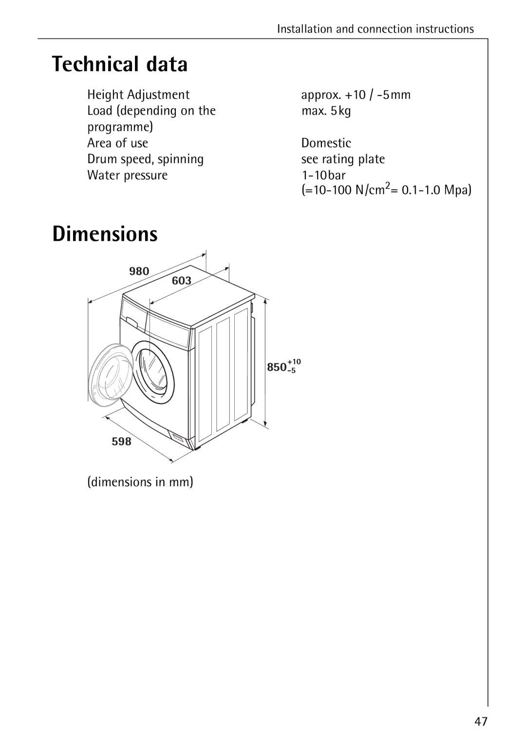 Electrolux LAVAMAT W 1050 manual Technical data, Dimensions in mm 