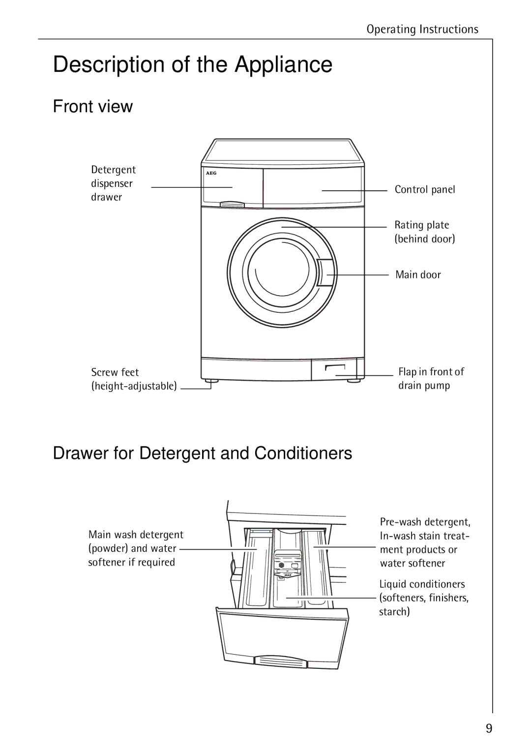 Electrolux LAVAMAT W 1050 manual Description of the Appliance, Front view, Drawer for Detergent and Conditioners 