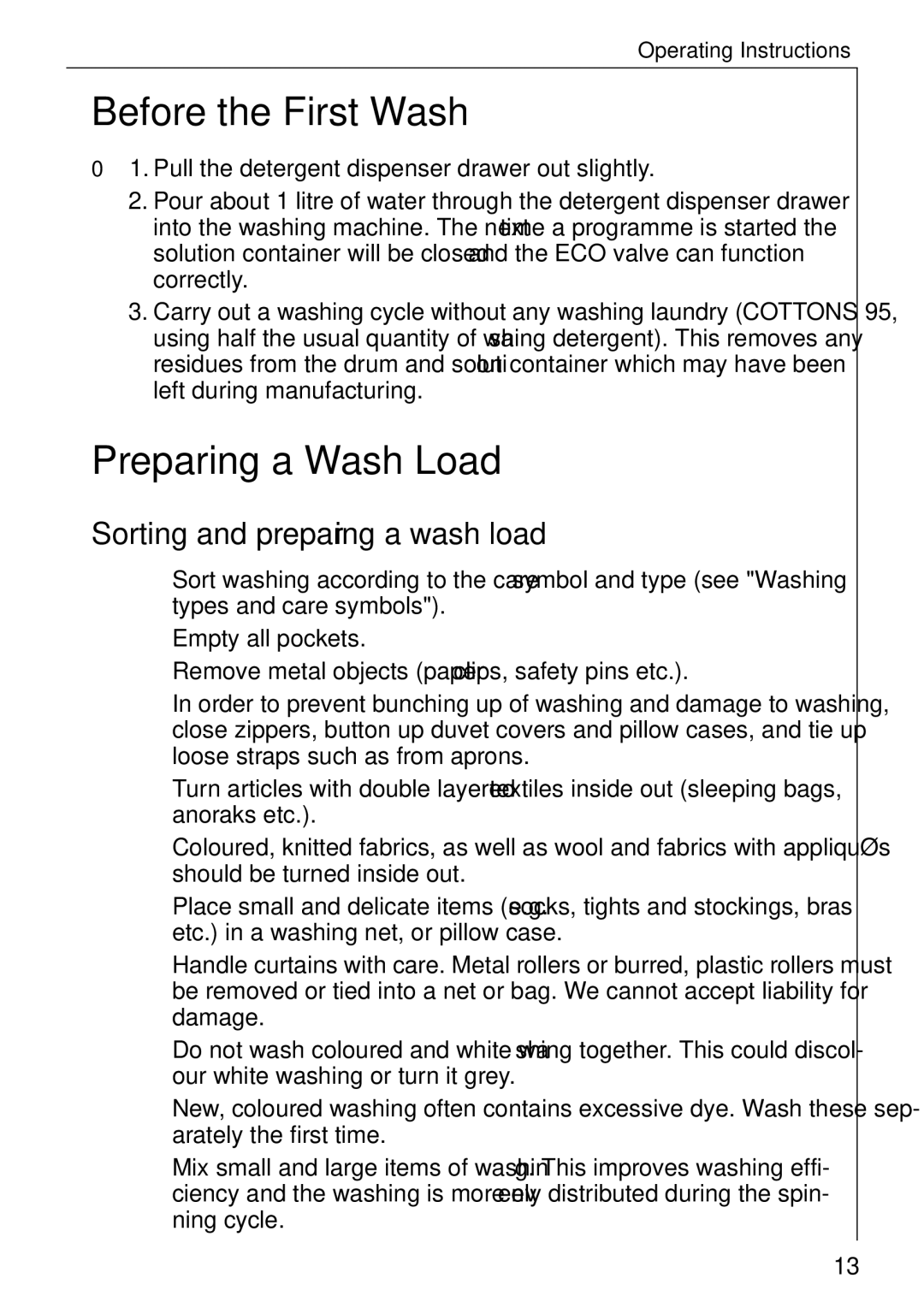 Electrolux LAVAMAT W 1059 manual Before the First Wash, Preparing a Wash Load, Sorting and preparing a wash load 