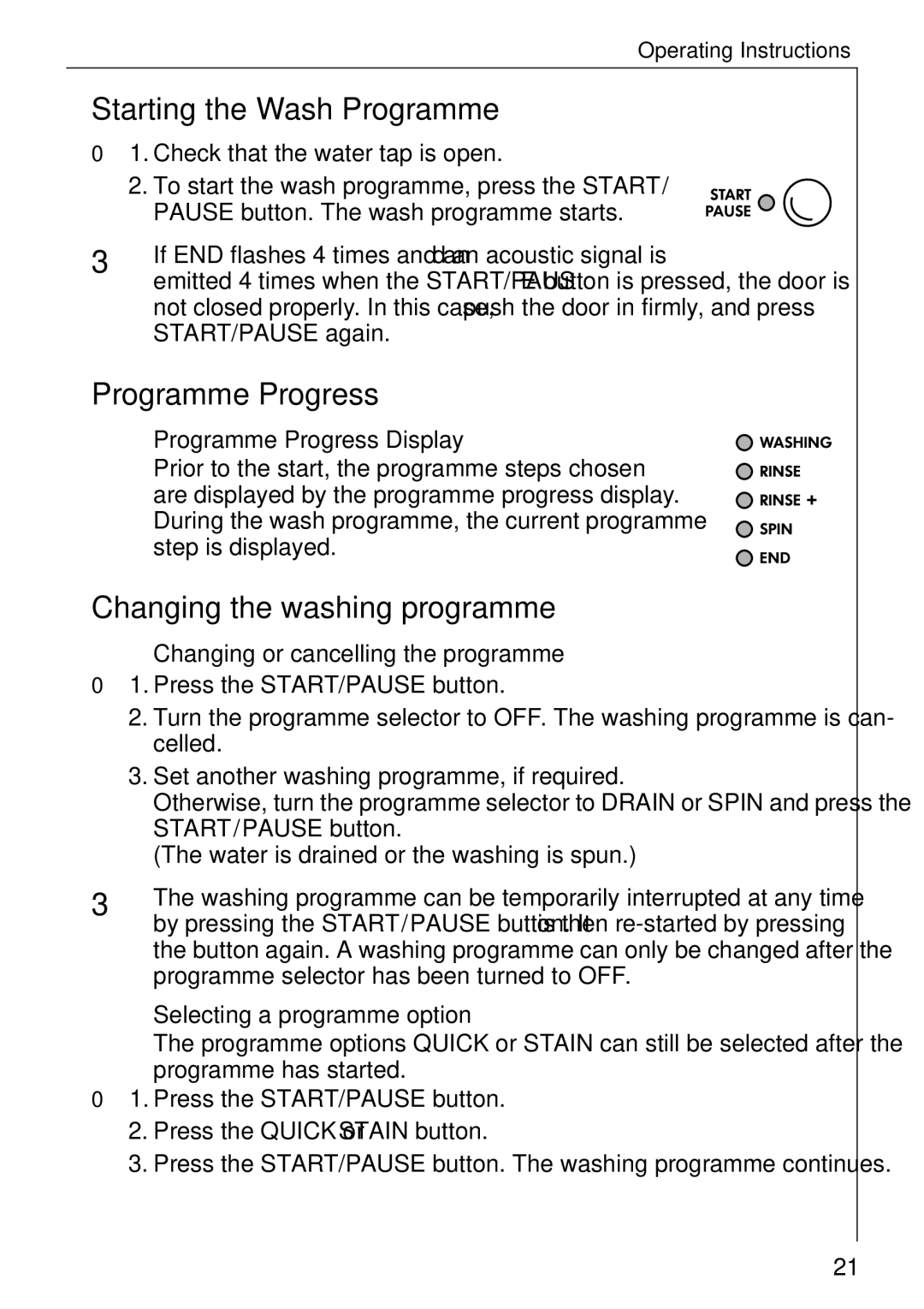 Electrolux LAVAMAT W 1059 manual Starting the Wash Programme, Programme Progress, Changing the washing programme 