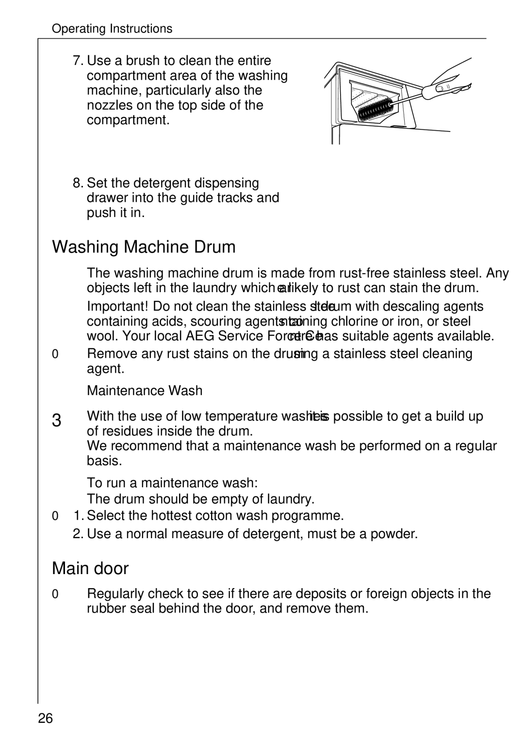 Electrolux LAVAMAT W 1059 manual Washing Machine Drum, Main door, Maintenance Wash, To run a maintenance wash 