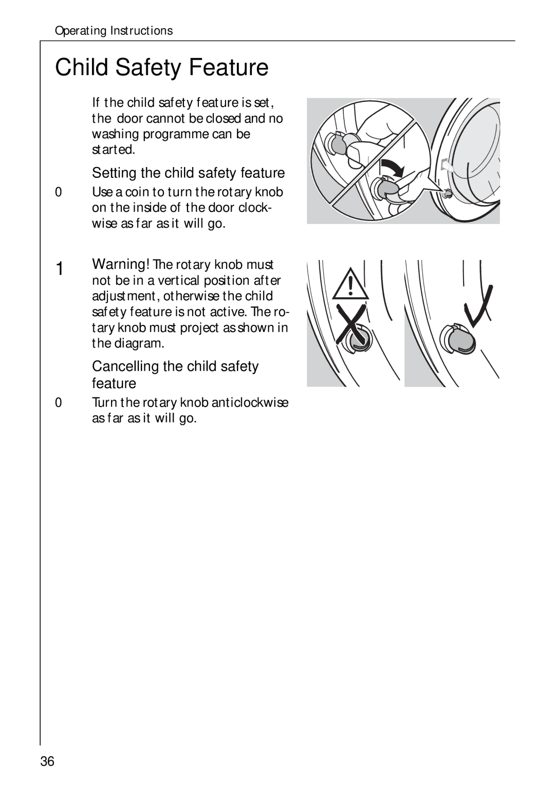 Electrolux LAVAMAT W 1059 Child Safety Feature, Setting the child safety feature, Cancelling the child safety feature 