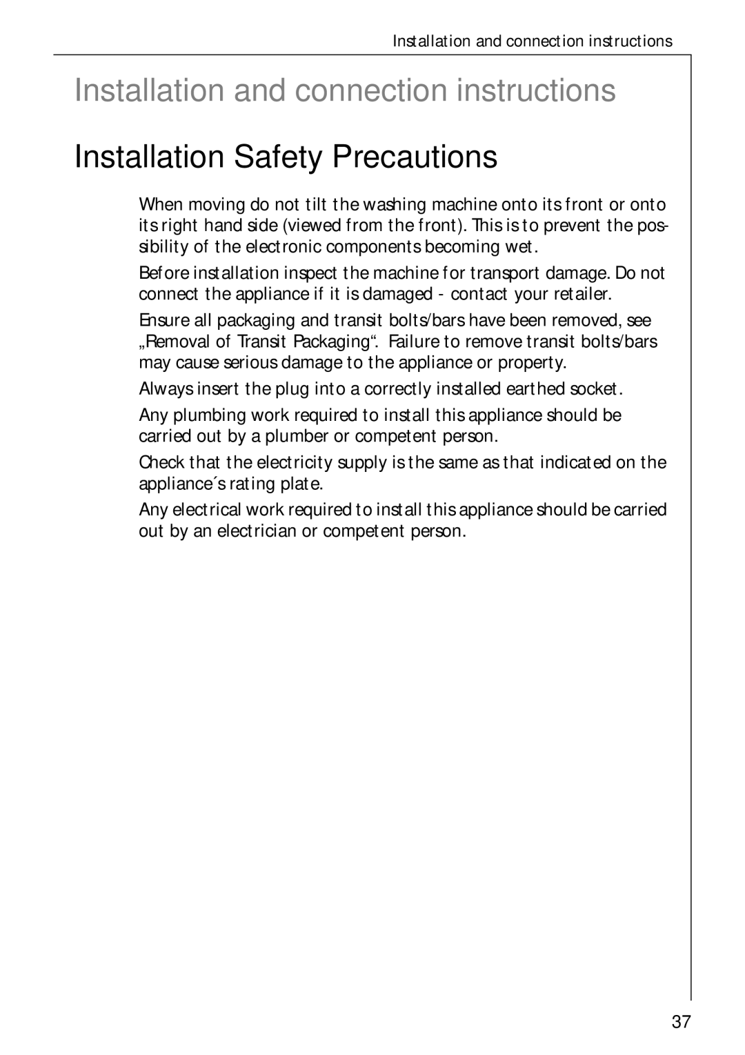 Electrolux LAVAMAT W 1059 manual Installation and connection instructions, Installation Safety Precautions 