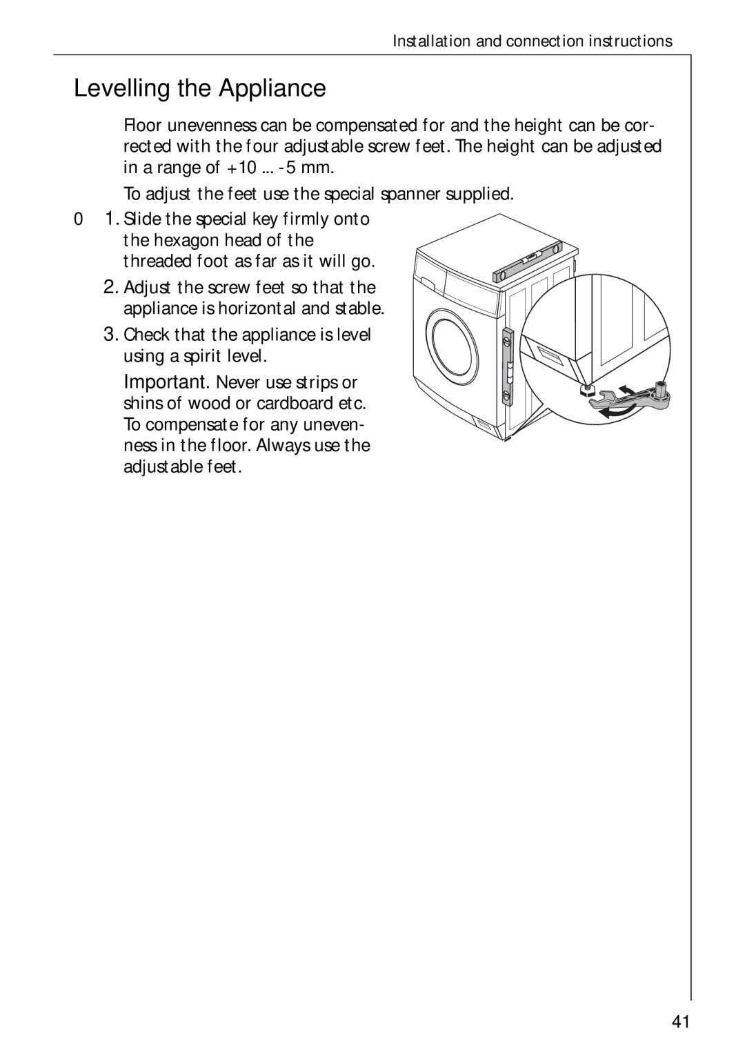 Electrolux LAVAMAT W 1059 manual Levelling the Appliance, Check that the appliance is level using a spirit level 