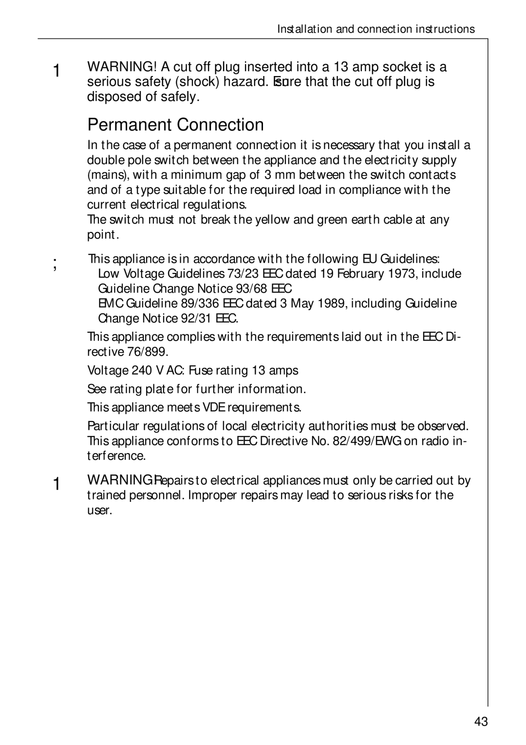 Electrolux LAVAMAT W 1059 manual Permanent Connection, Disposed of safely 