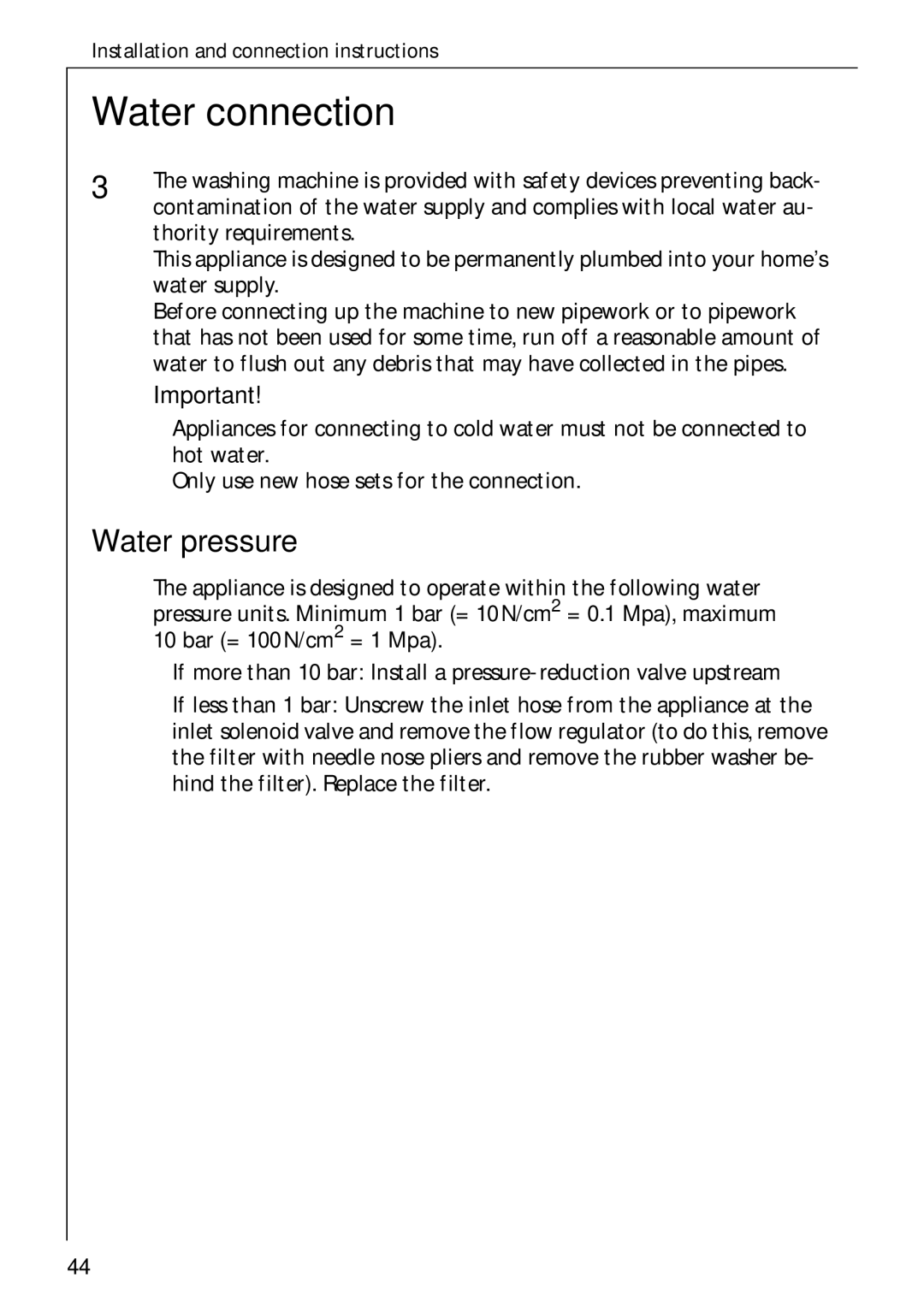 Electrolux LAVAMAT W 1059 manual Water connection, Water pressure 