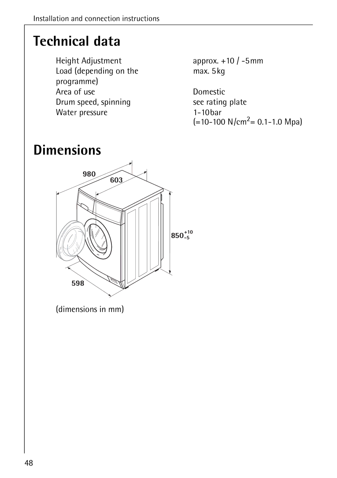 Electrolux LAVAMAT W 1059 manual Technical data, Dimensions 